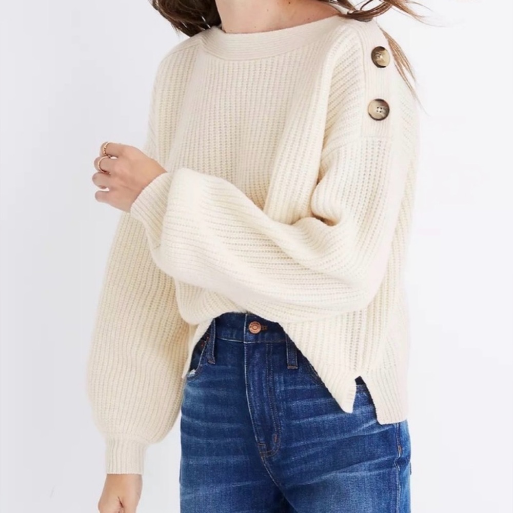Madewell cream boatneck button wool blend sweater, large